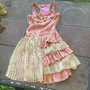 Betsey Johnson Silk Dance Dress in Pink and Cream with Cascading Ruffles